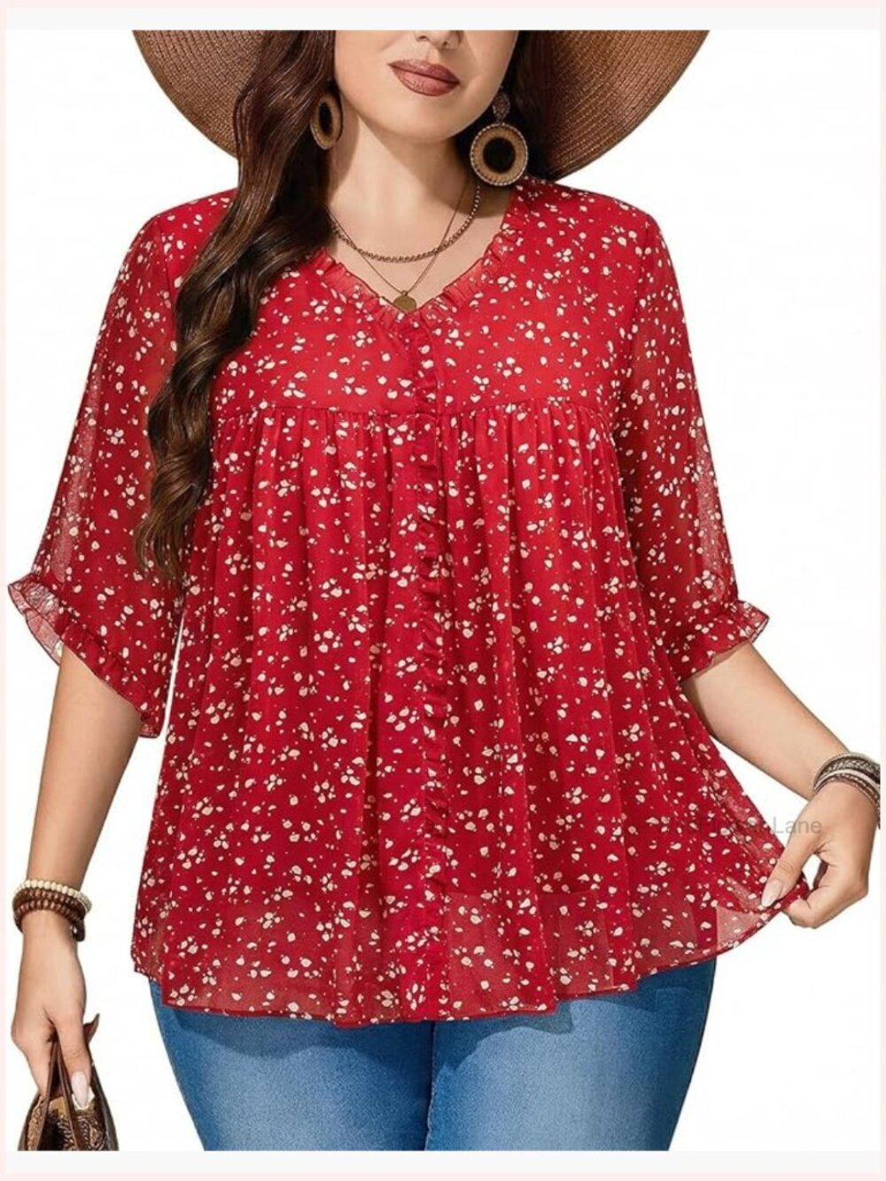 Plus Size 3/4 Ruffle Sleeve V Neck Chiffon Blouse Tunics Flowy Tops XL-5XL